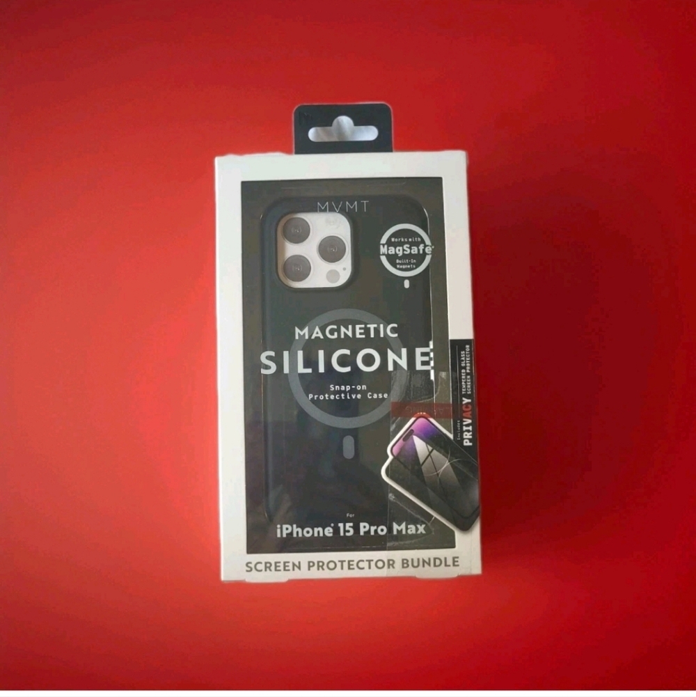 MVMT iPhone 15 Pro Max Silicone Black Magsafe Phone Case W/Screen Protector
